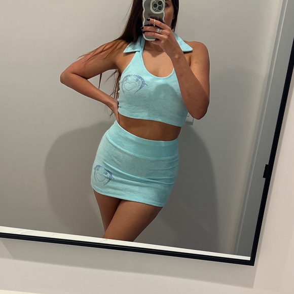 ASYOU Terrycloth Mini Skirt + Halter Crop with Dolphin Graphic Hot Fix in Blue - Picture 9 of 16